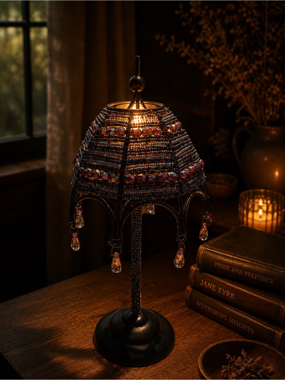 💜Ornate Rich Purple Beaded Tealight Candle Holder Lamp Gothic Boho Mood Lighting